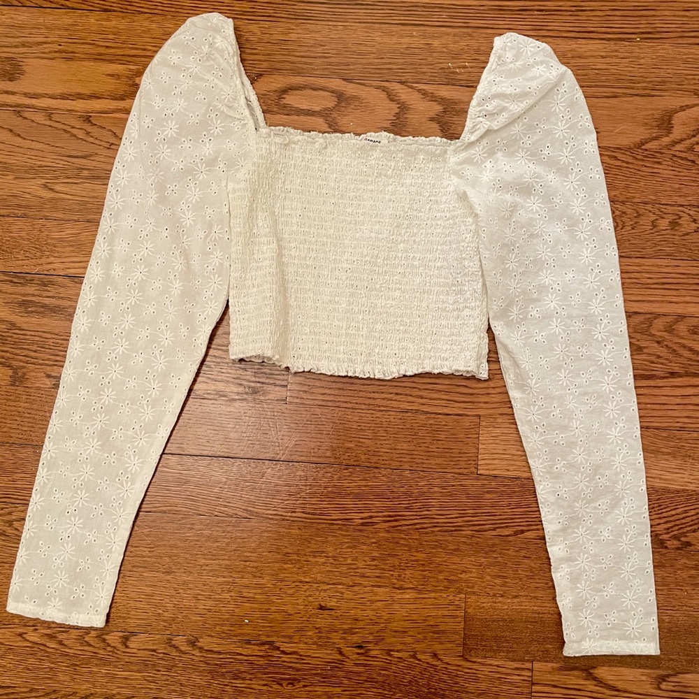 white cottage core broderie eyelet longsleeve top